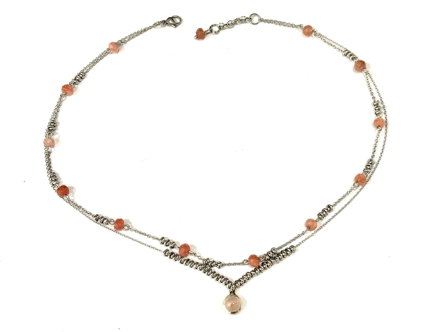COLLANA SUPERIMPOSED ACCIAIO - RODOCROSITE SFACCETTATO - CIONDOLO QUARZO ROSA ARGENTO 925