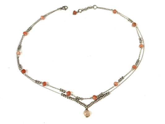COLLANA SUPERIMPOSED ACCIAIO - RODOCROSITE SFACCETTATO - CIONDOLO QUARZO ROSA ARGENTO 925