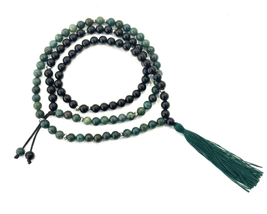 COLLANA MALA TIBETANO - AGATA MUSCHIATA VERDE E ONICE 6MM